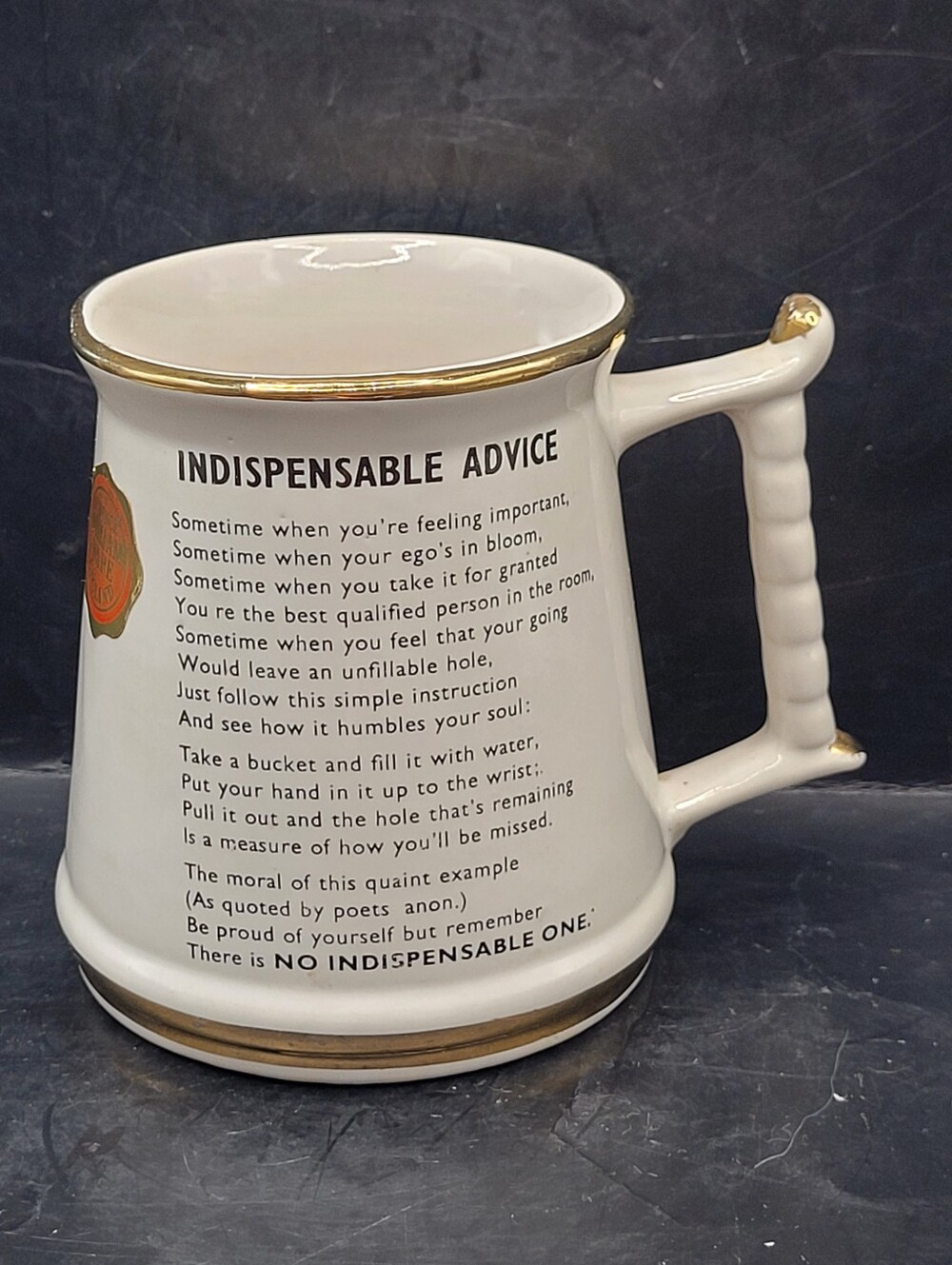 Vintage Prince William Ware Indispensable Advice Mug 22K Gold England